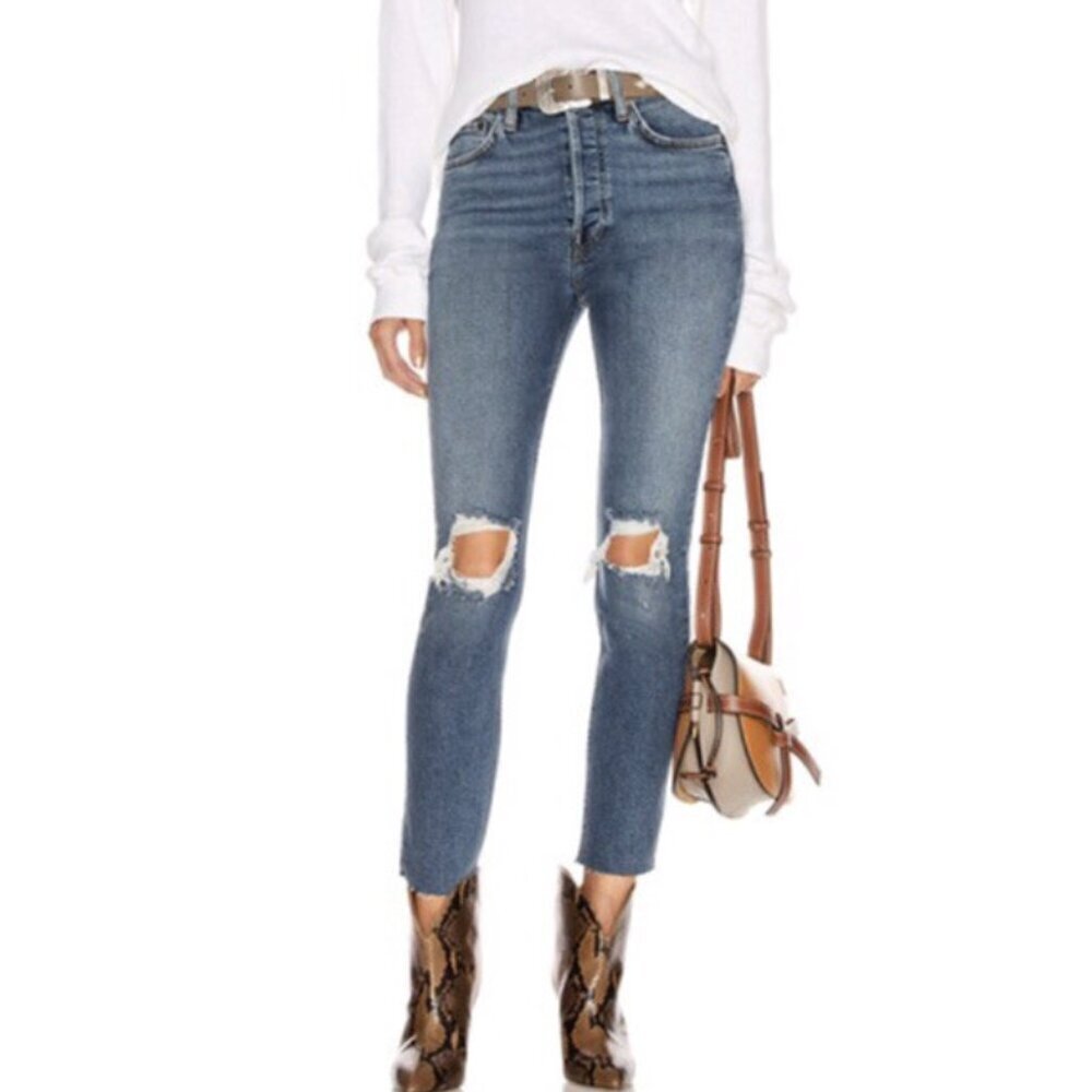 Re/Done Size 28 Blue Distressed High Rise Ankle Crop Jeans in Dusty Destroy